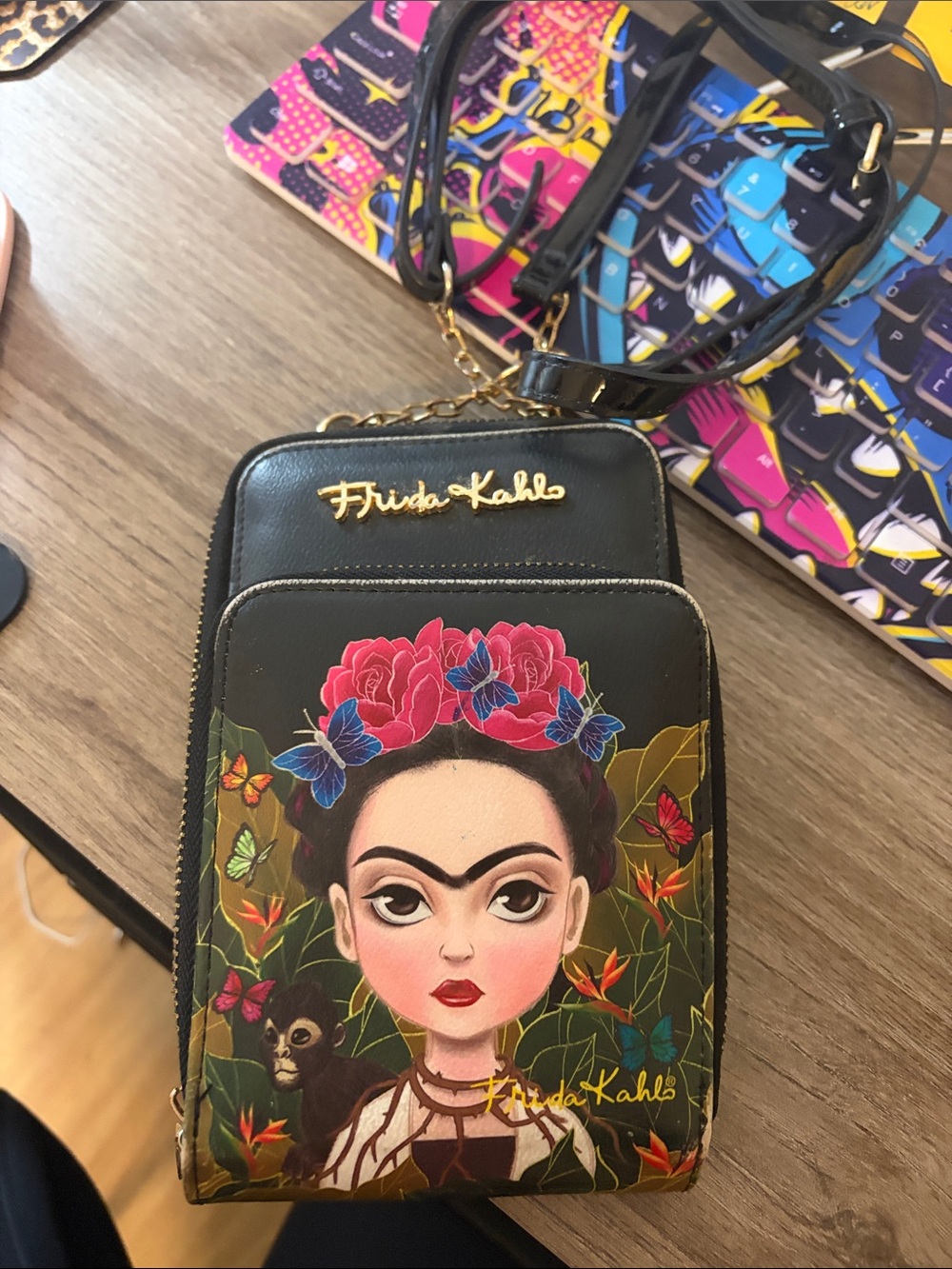 Black Floral Frida Kahlo Crossbody Bag